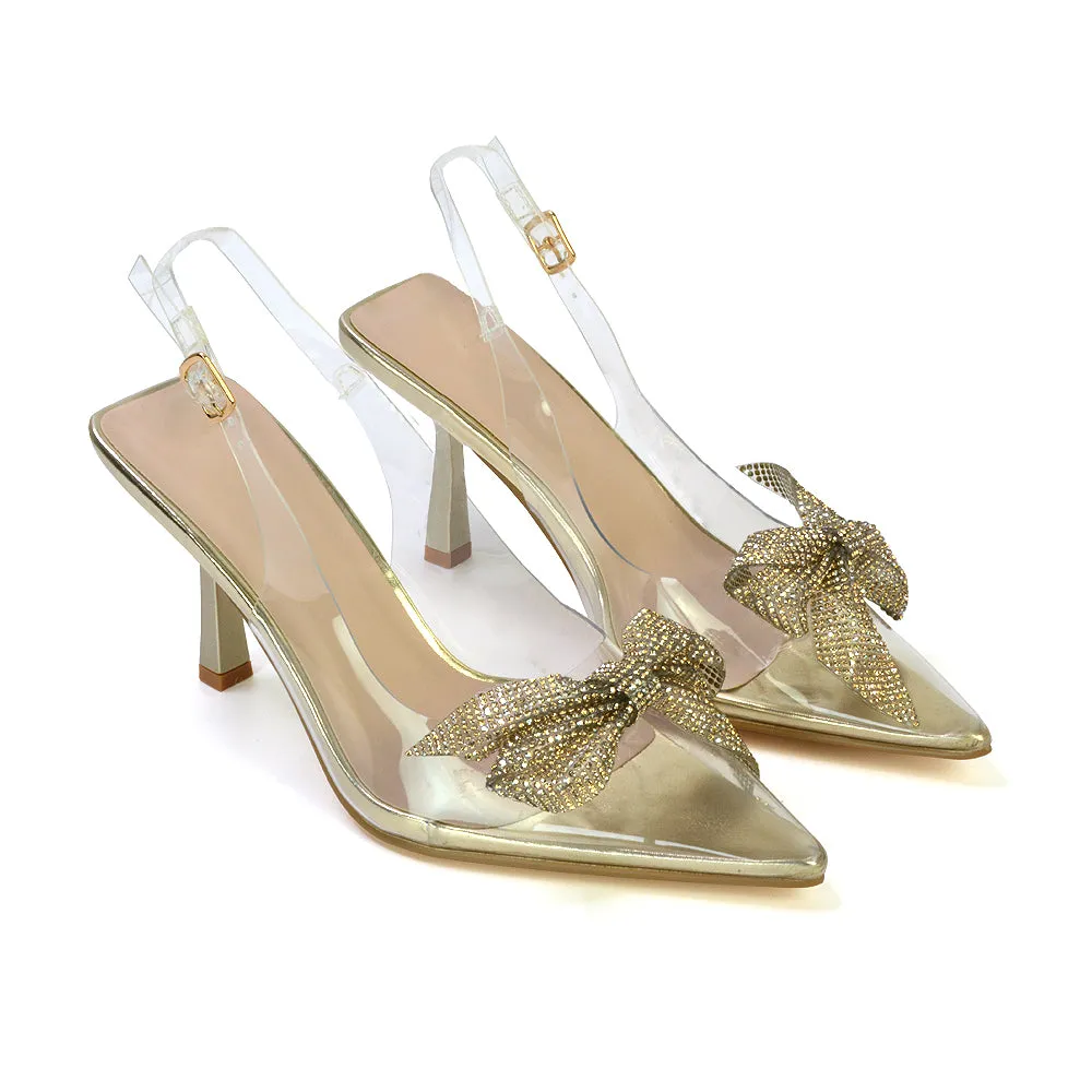 Alaina Diamante Bow Pointed Toe Perspex Court Shoes Slingback Stiletto Heels in Gold