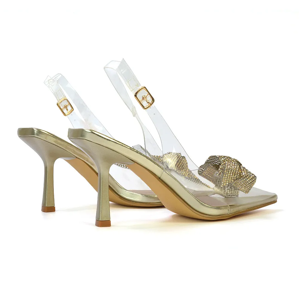 Alaina Diamante Bow Pointed Toe Perspex Court Shoes Slingback Stiletto Heels in Gold