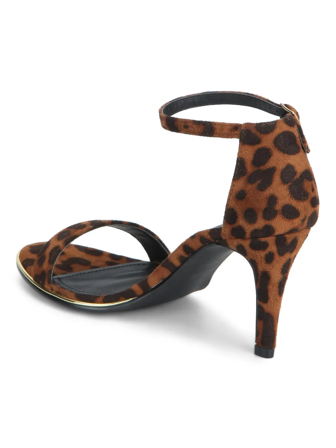 Black Micro Leopard Ankle Strap Low Heel Stilettos