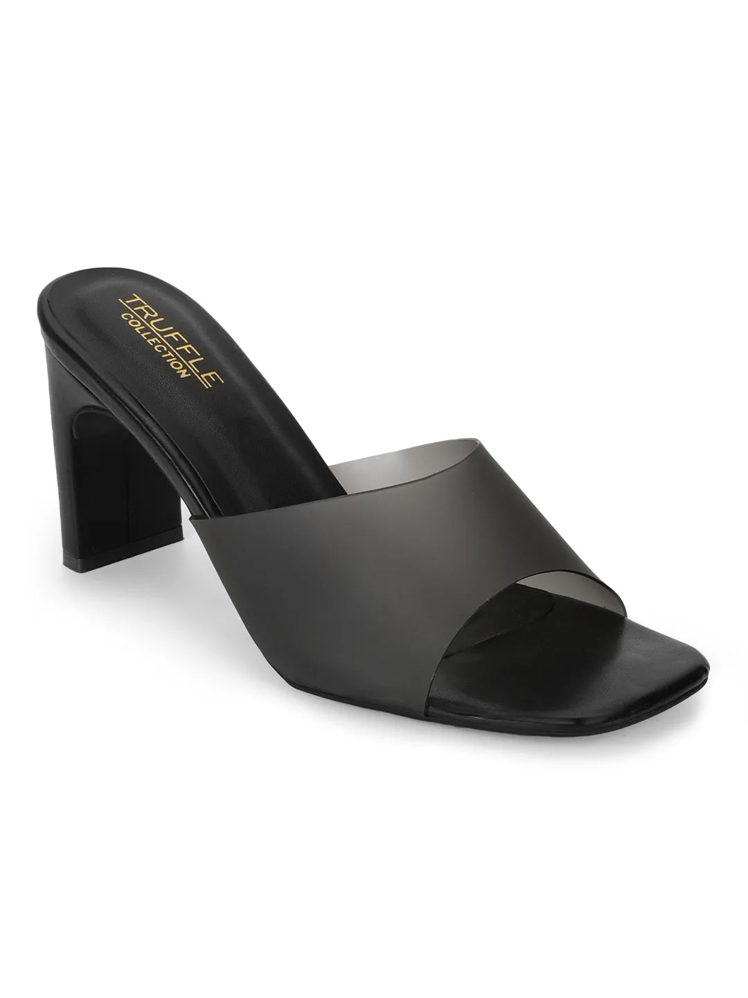 Black PU Perspex Slim Block Heel Clear Mules (TC-SLC-B-74-BLK)