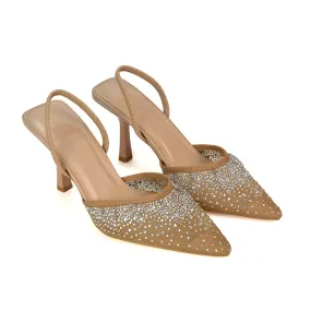 Charlotte Diamante Rhinestone Mesh Pointed Toe Slingback Stiletto High Heels in Nude