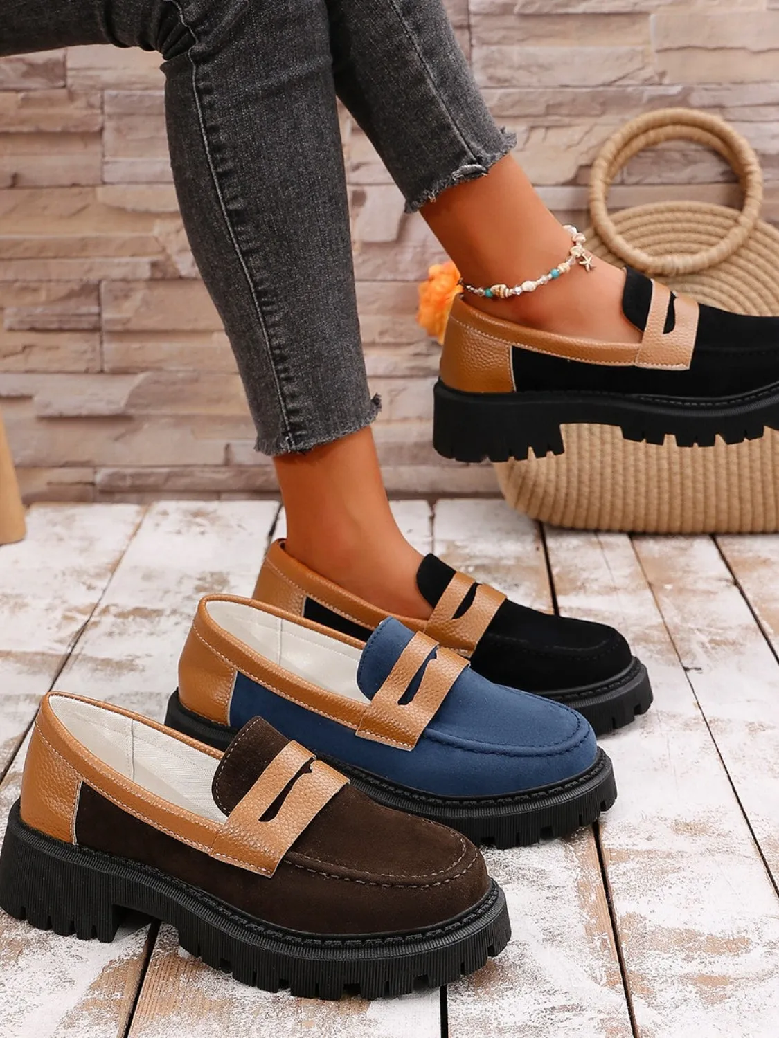 Contrast Suede Platform Loafers