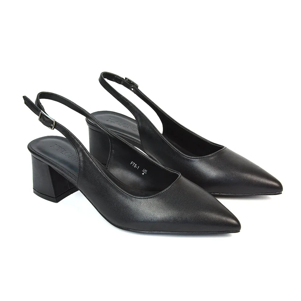 Devon Low Block Heel Slingback Pointed Toe Shoes in Black Faux Suede