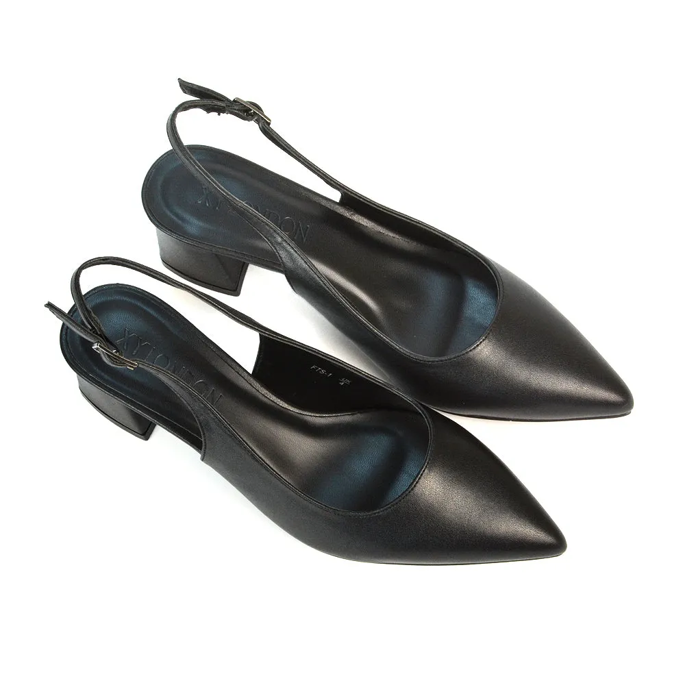 Devon Low Block Heel Slingback Pointed Toe Shoes in Black Faux Suede