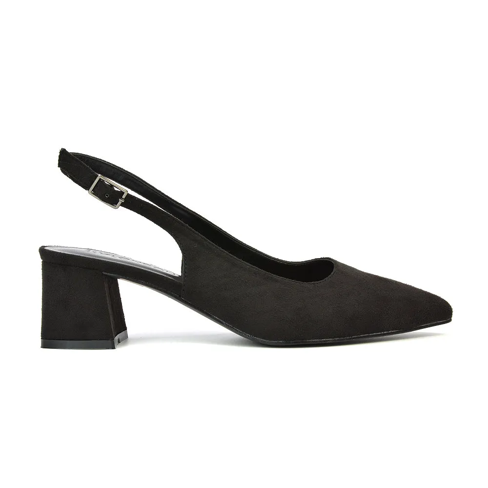 Devon Low Block Heel Slingback Pointed Toe Shoes in Black Faux Suede