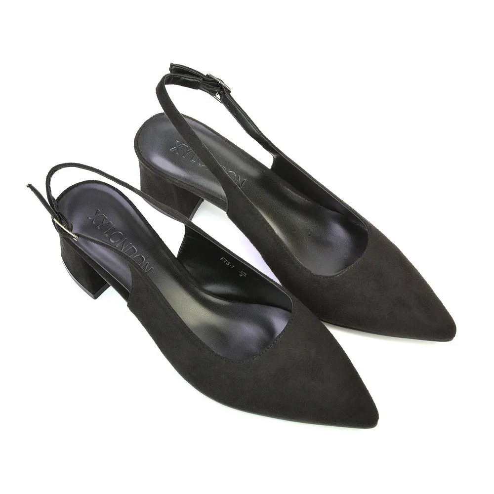 Devon Low Block Heel Slingback Pointed Toe Shoes in Black Faux Suede