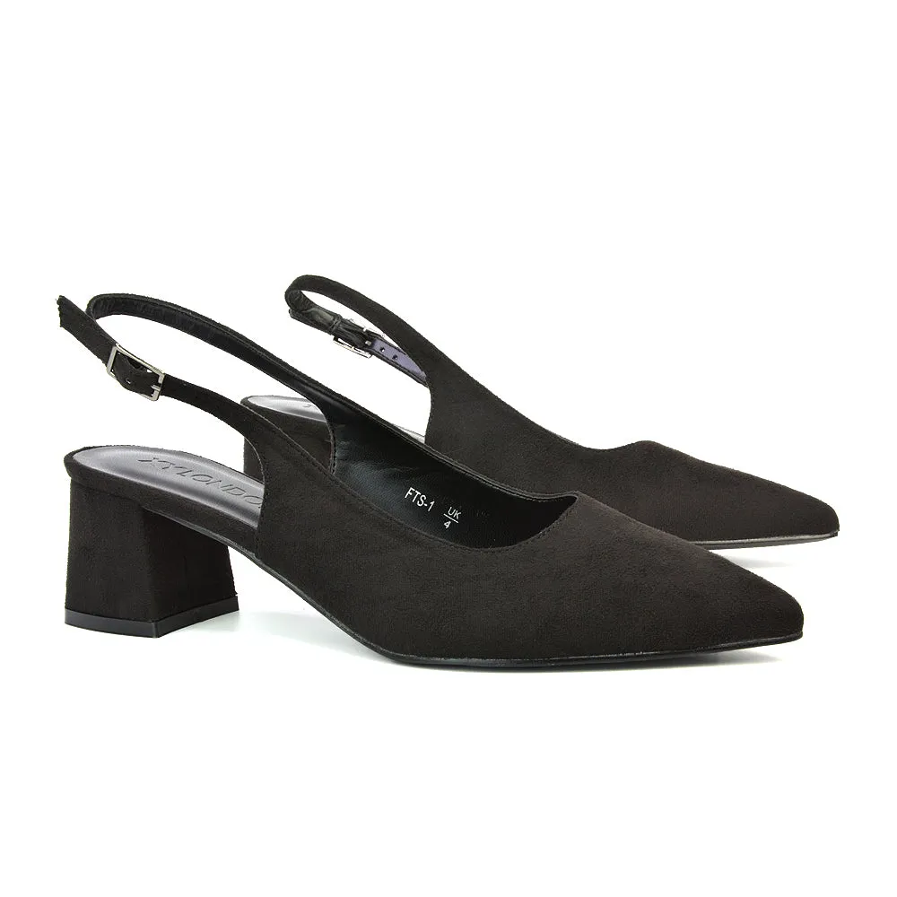 Devon Low Block Heel Slingback Pointed Toe Shoes in Black Faux Suede