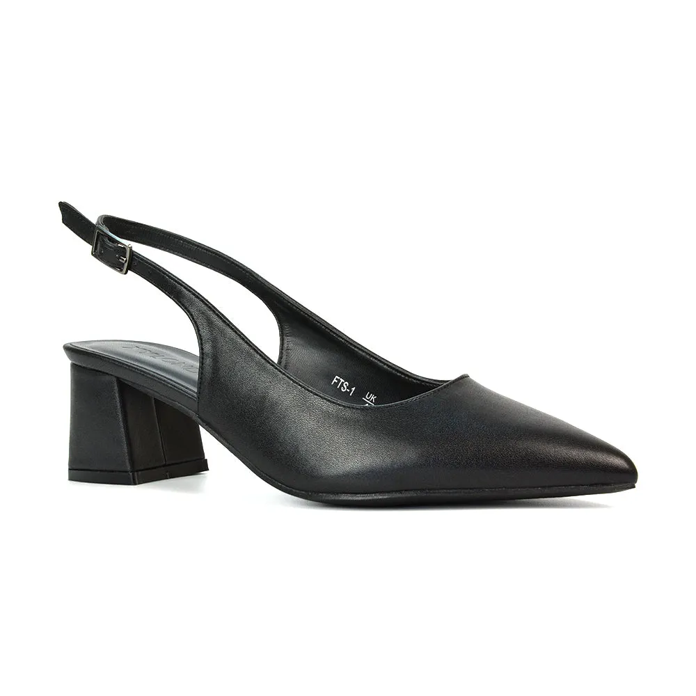 Devon Low Block Heel Slingback Pointed Toe Shoes in Black Faux Suede