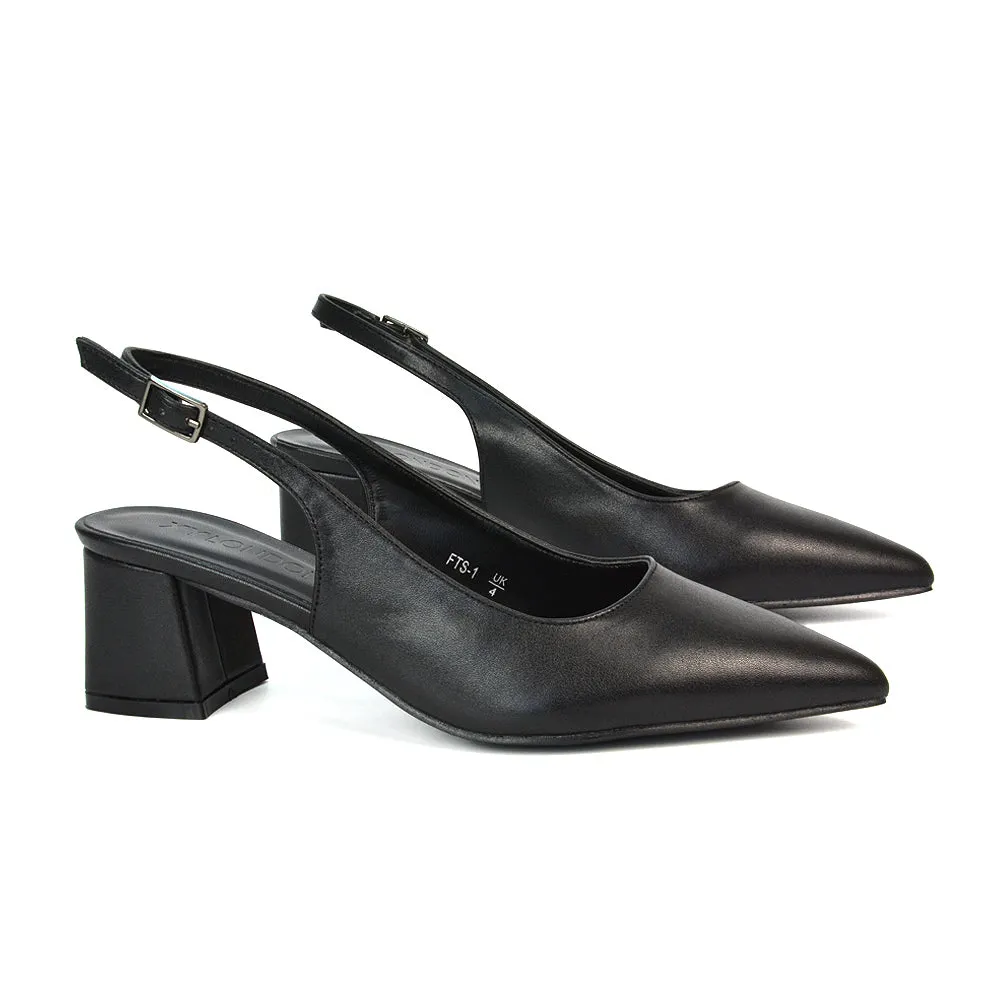 Devon Low Block Heel Slingback Pointed Toe Shoes in Black Faux Suede