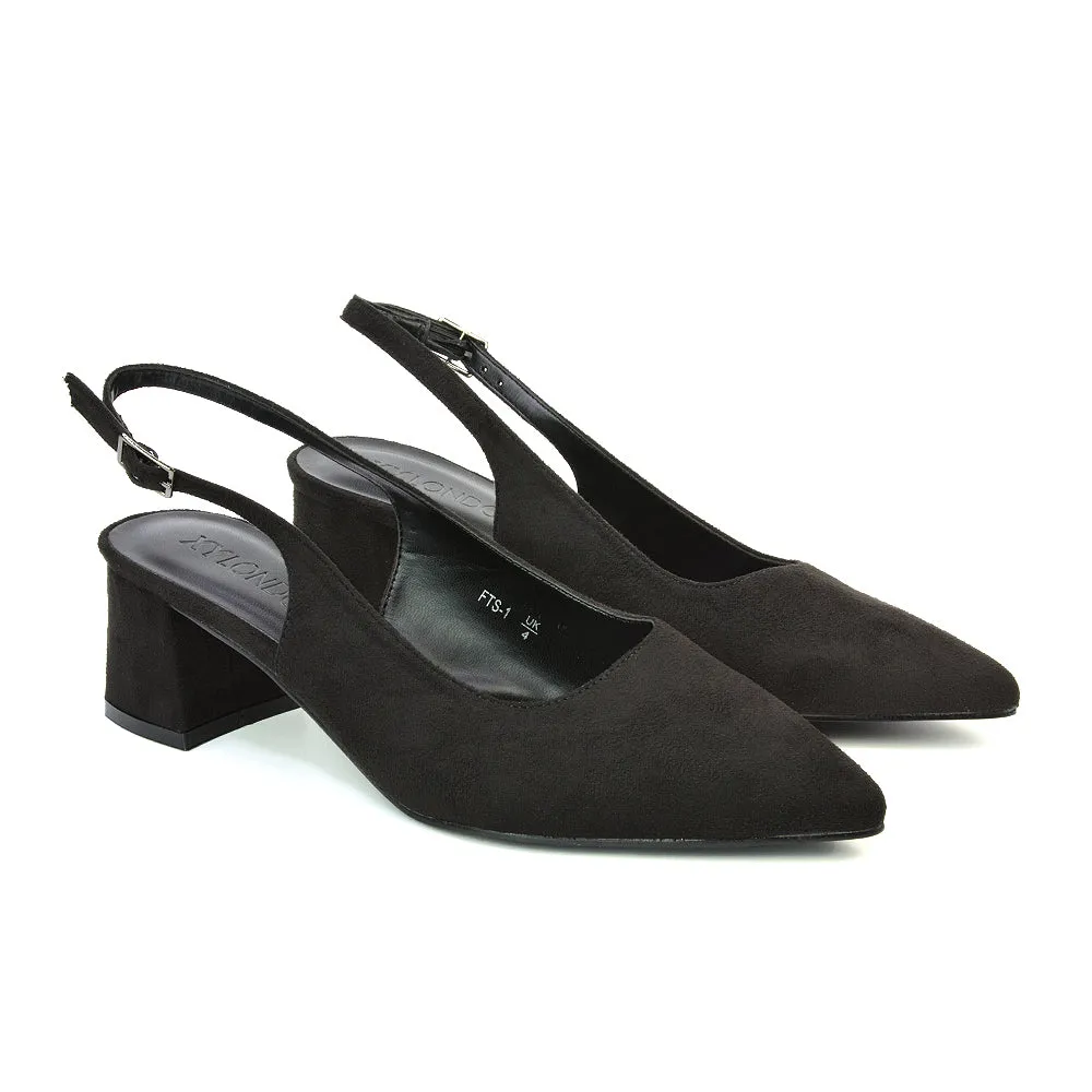 Devon Low Block Heel Slingback Pointed Toe Shoes in Black Faux Suede