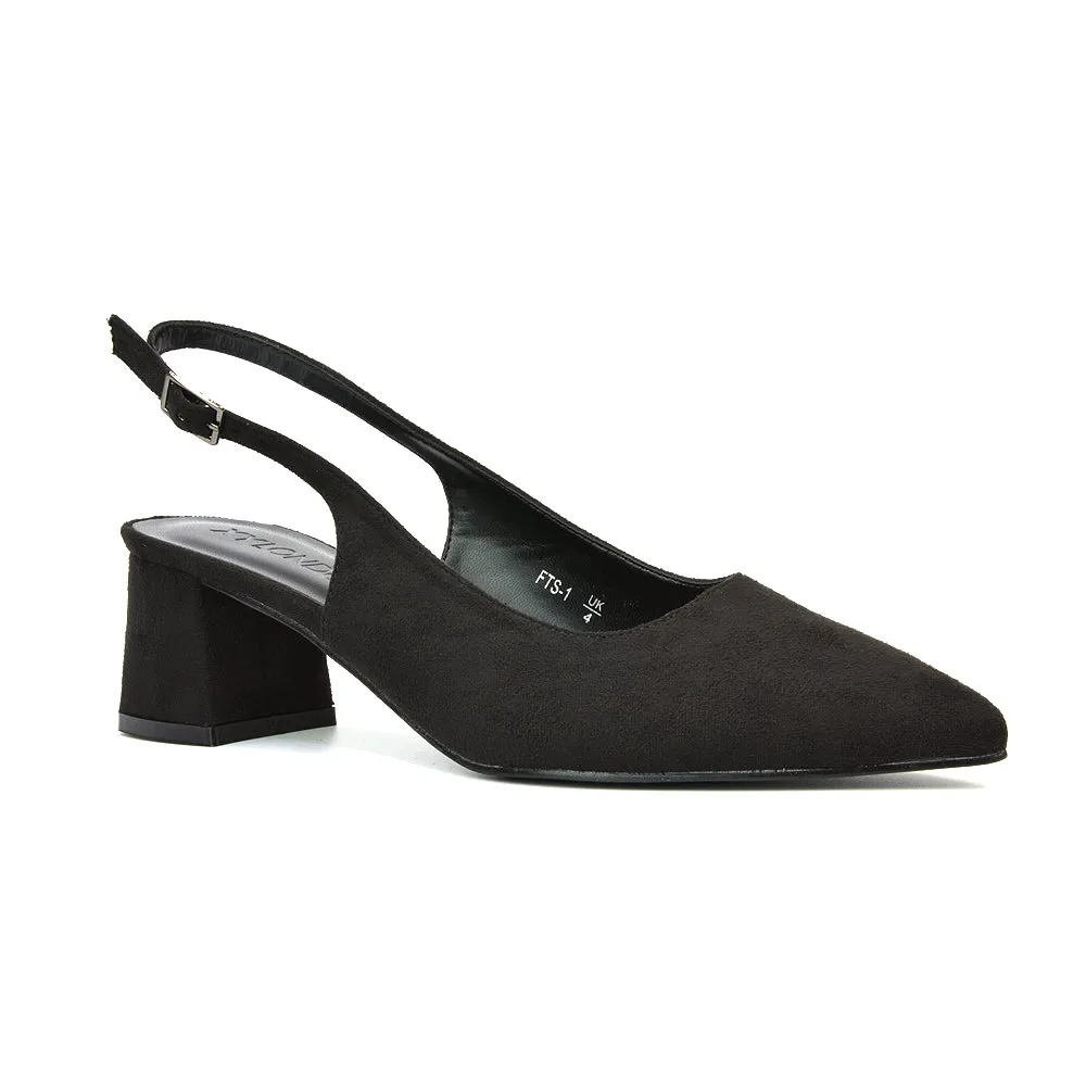 Devon Low Block Heel Slingback Pointed Toe Shoes in Black Faux Suede