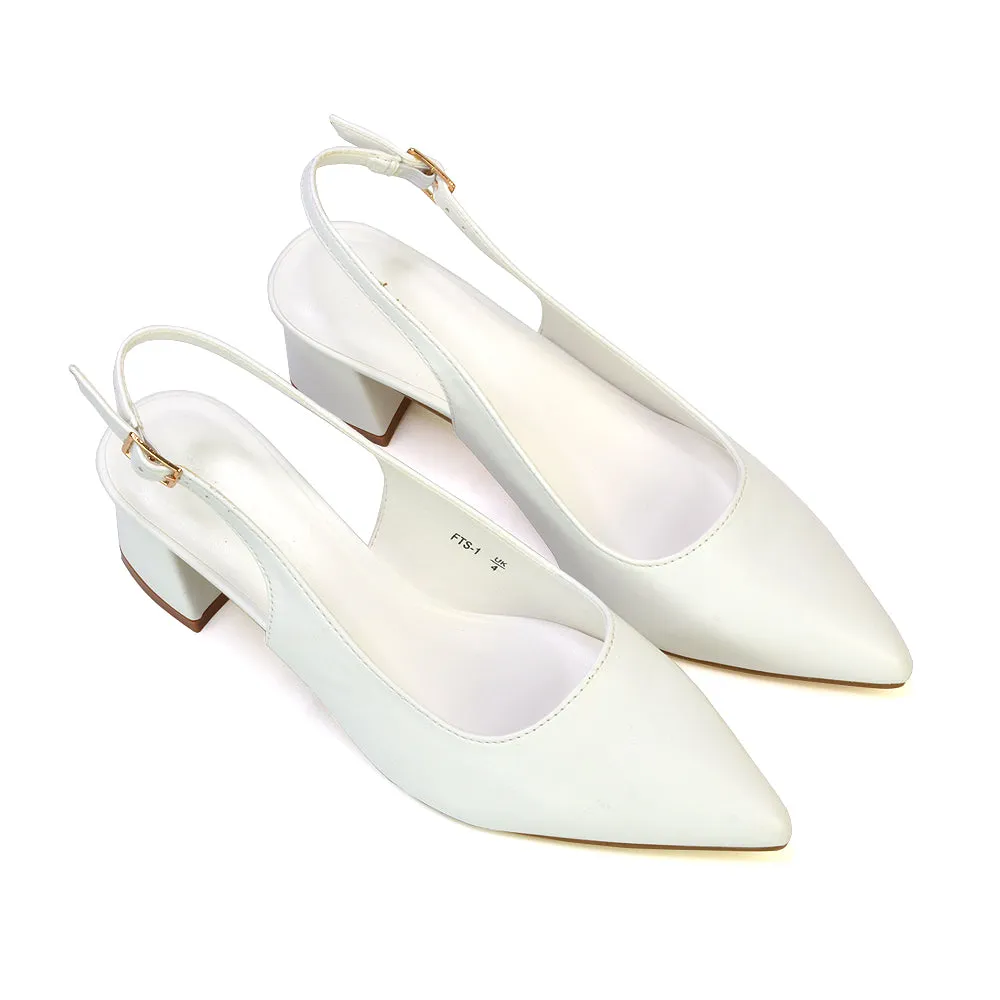 Devon Low Block Heel Slingback Pointed Toe Shoes in White Synthetic Leather