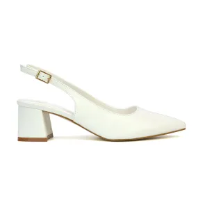 Devon Low Block Heel Slingback Pointed Toe Shoes in White Synthetic Leather