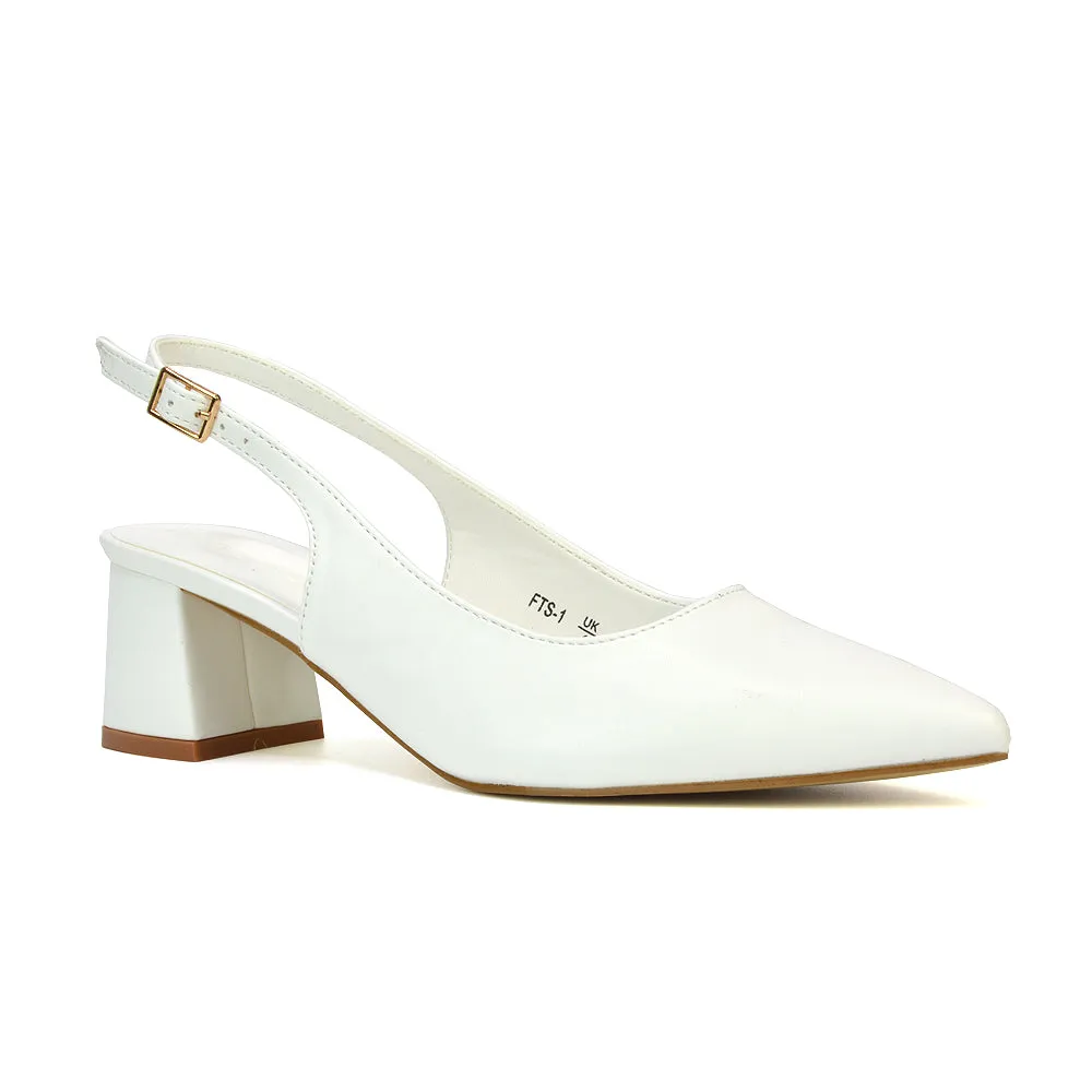 Devon Low Block Heel Slingback Pointed Toe Shoes in White Synthetic Leather