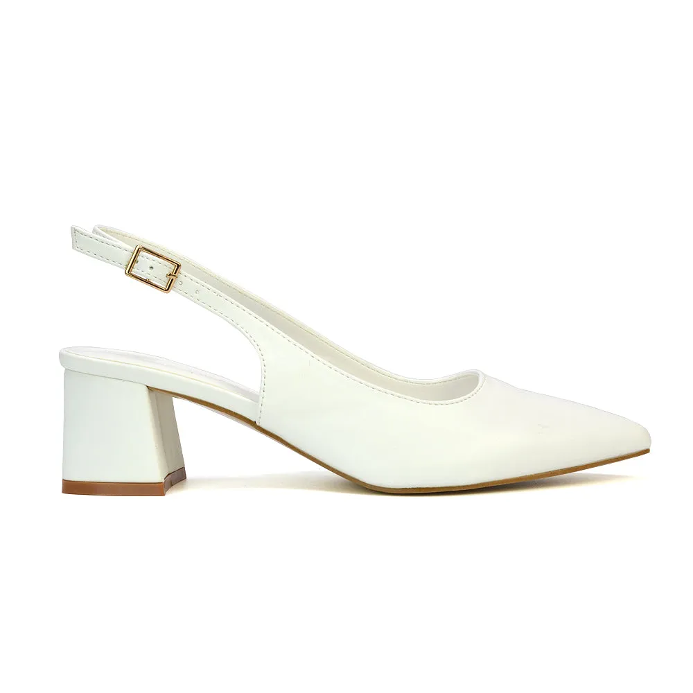 Devon Low Block Heel Slingback Pointed Toe Shoes in White Synthetic Leather