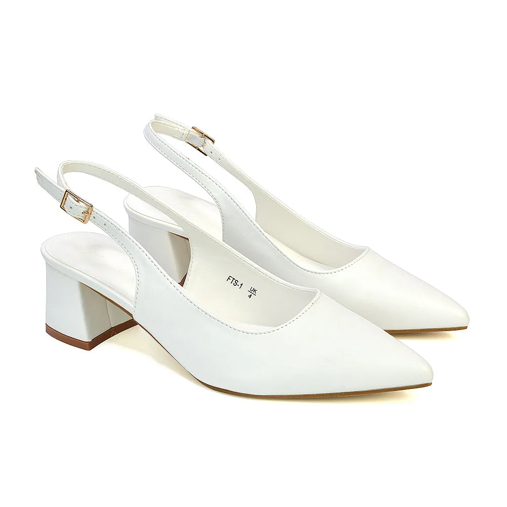 Devon Low Block Heel Slingback Pointed Toe Shoes in White Synthetic Leather