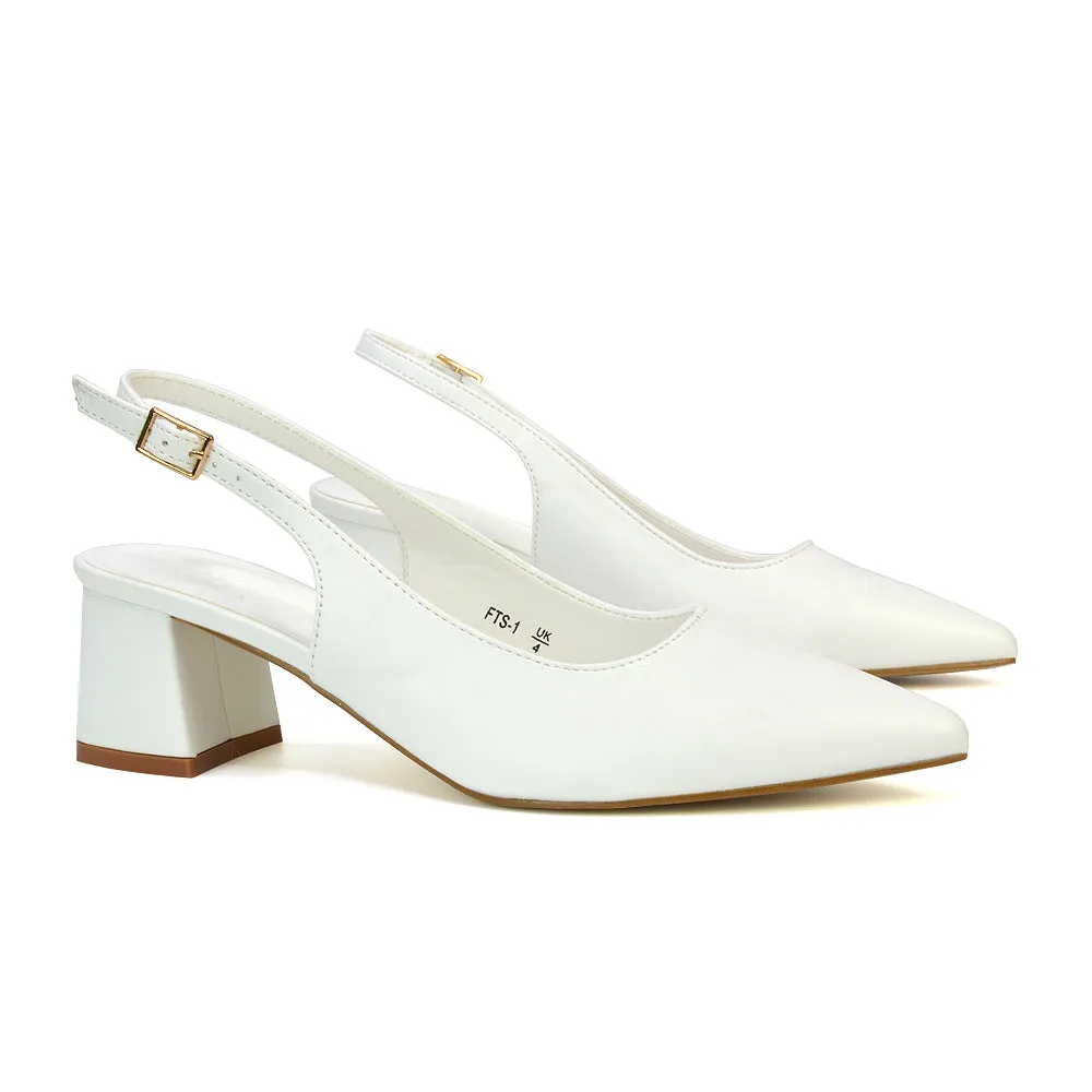 Devon Low Block Heel Slingback Pointed Toe Shoes in White Synthetic Leather