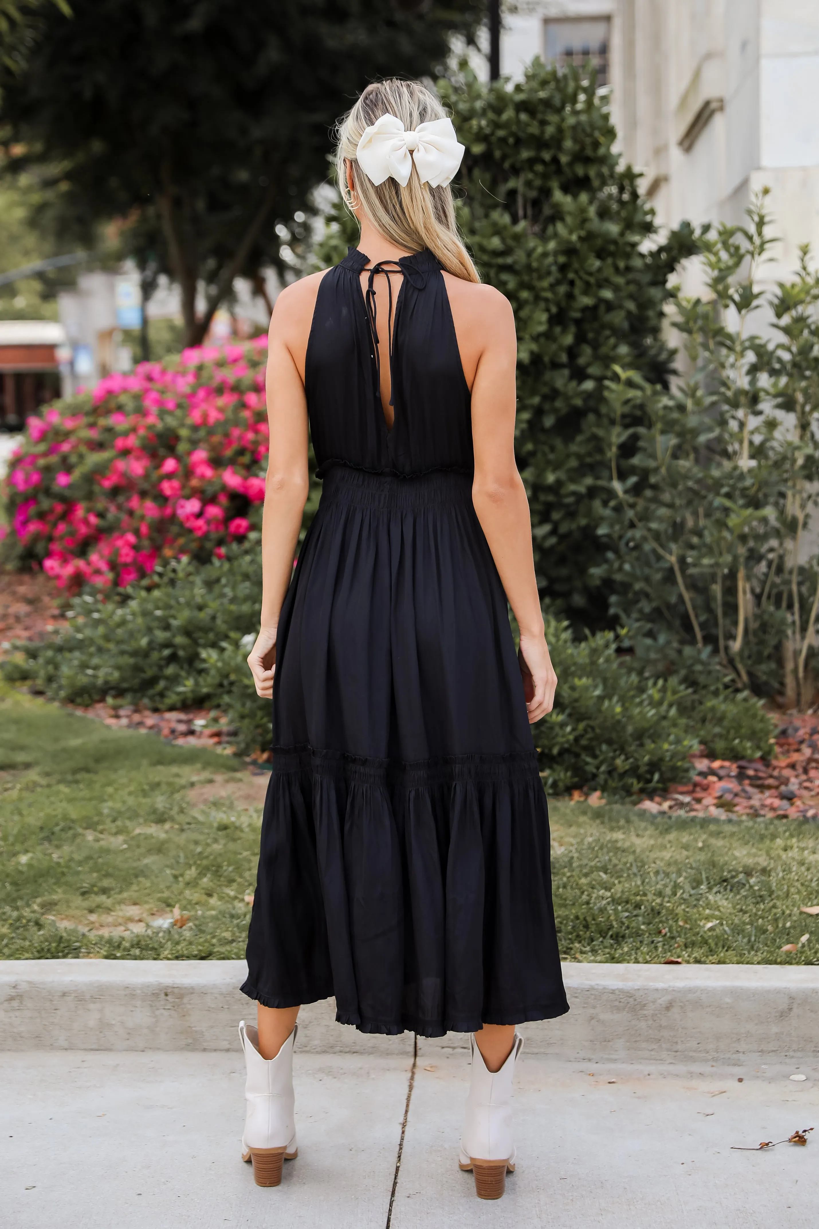 FINAL SALE - Lovely Intuition Black Satin Midi Dress