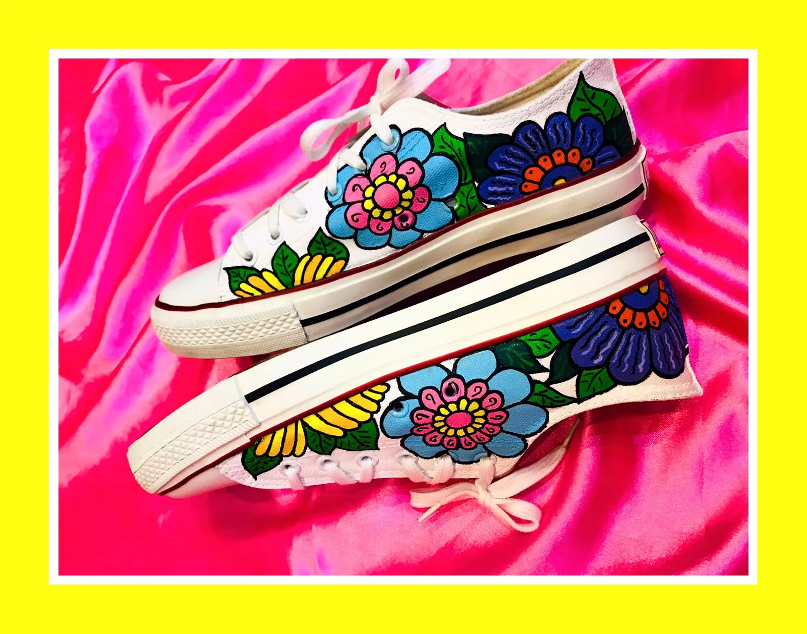 Funky N Trendy hand painted water resistant floral art theme multi colored unisex shoes