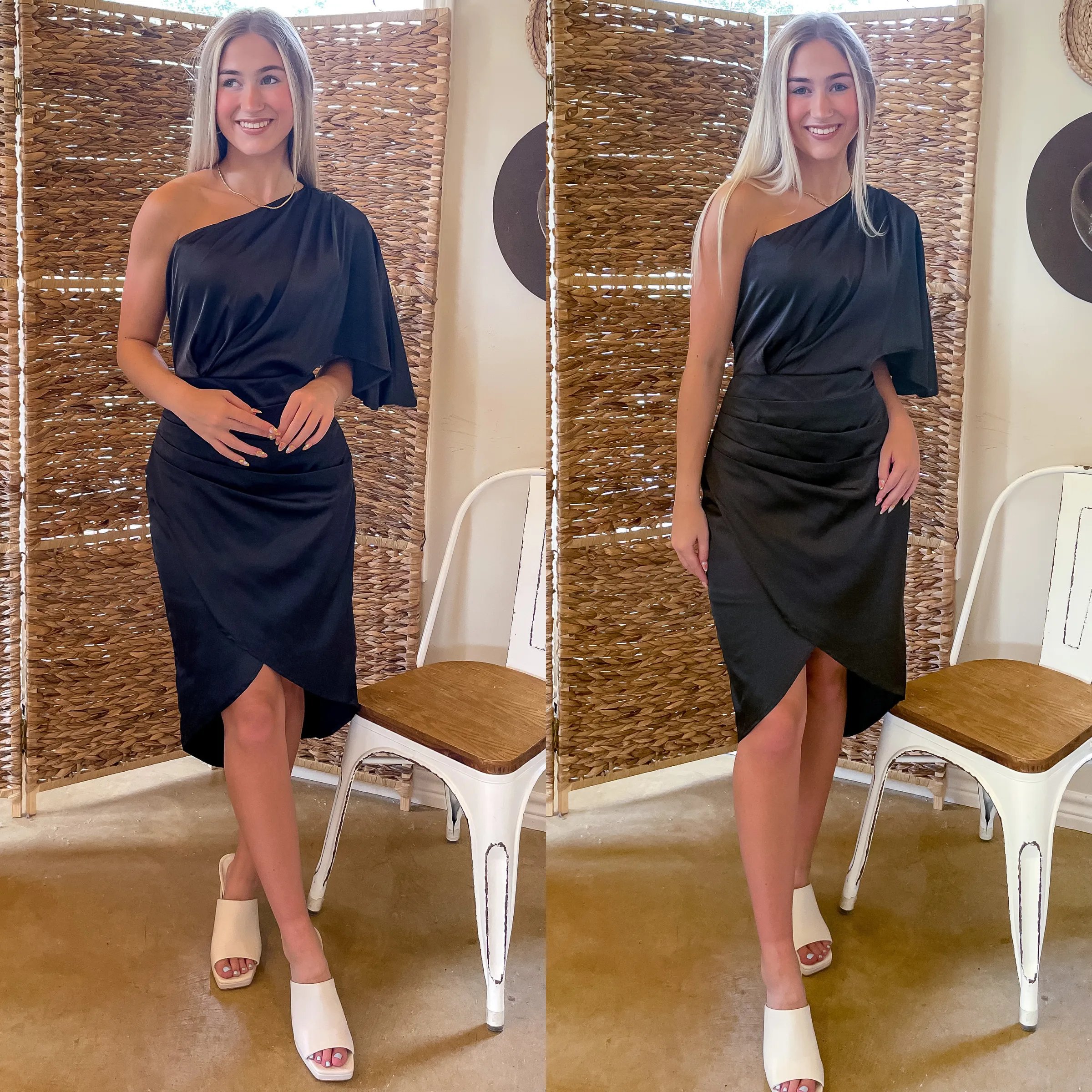 Graceful and Gorgeous One Shoulder Satin Midi Dress in Black