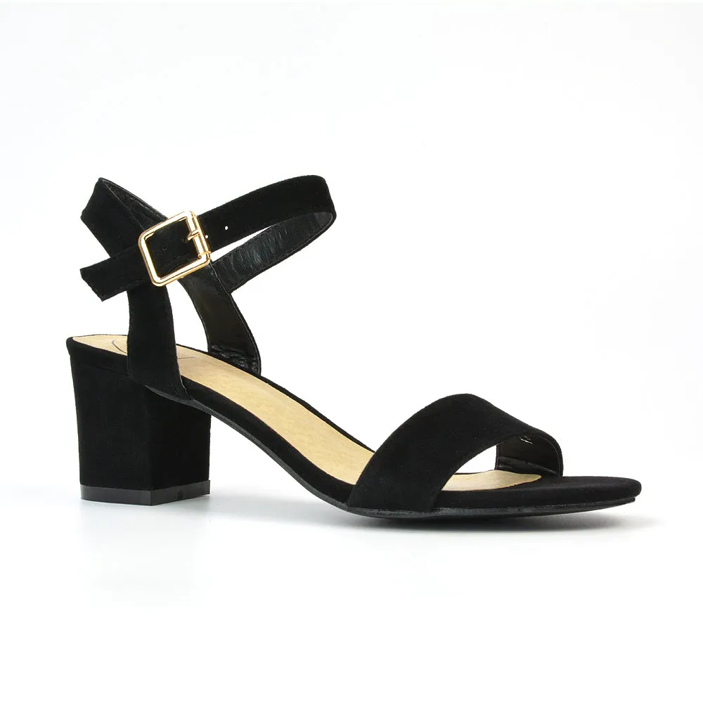 Mariana Strappy Buckle Up Mid Block Heel Sandals in Black Faux Suede