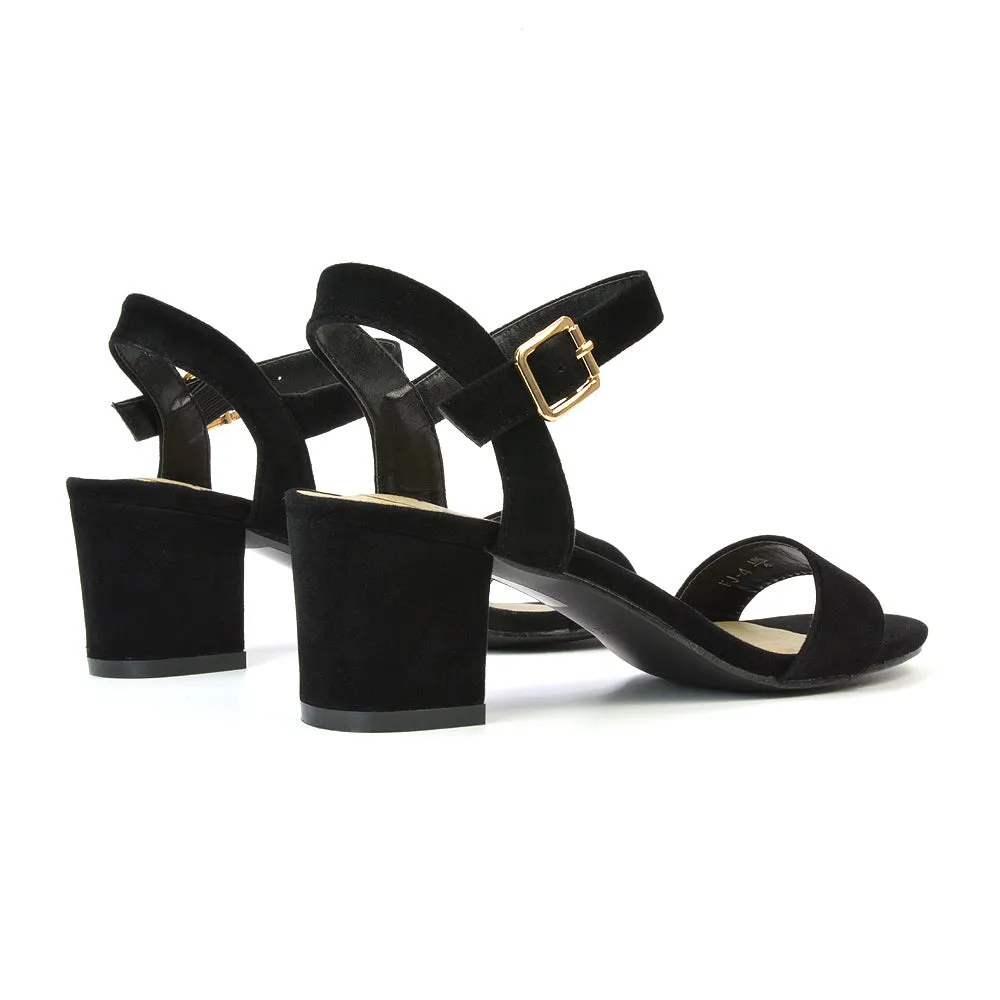 Mariana Strappy Buckle Up Mid Block Heel Sandals in Black Faux Suede