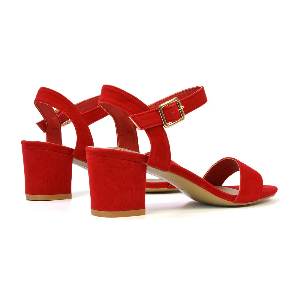 Mariana Strappy Buckle Up Mid Block Heel Sandals in Red Faux Suede