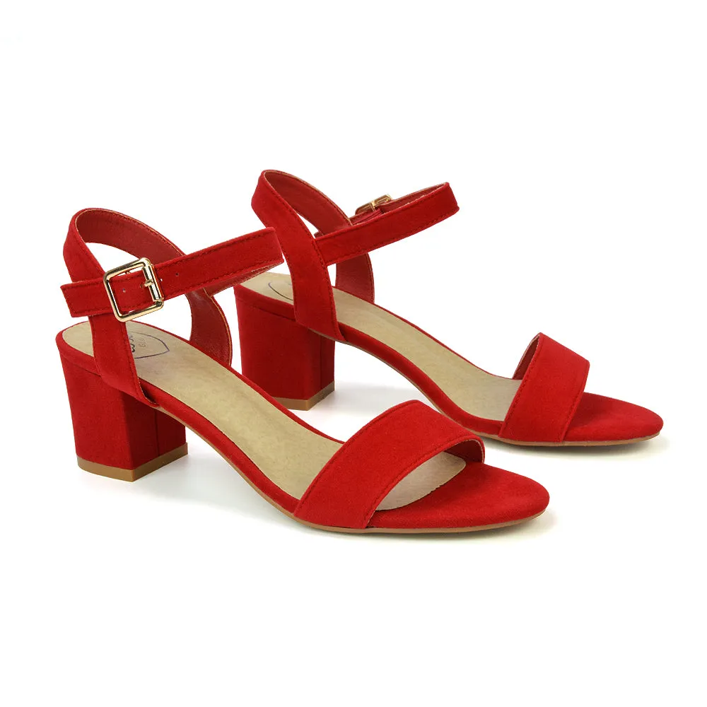 Mariana Strappy Buckle Up Mid Block Heel Sandals in Red Faux Suede