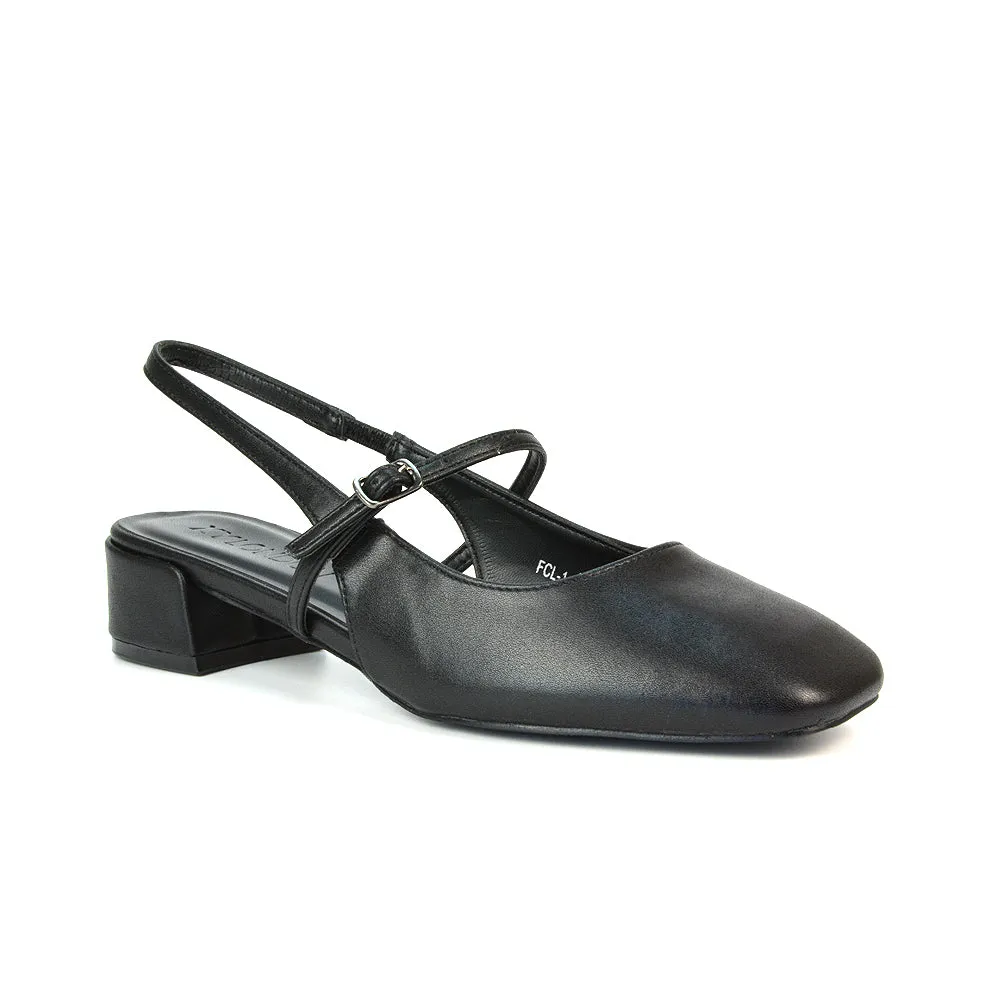 Marie Low Block Heel Square Toe Closed Toe Slingback Shoes in Black Synthetic Leather