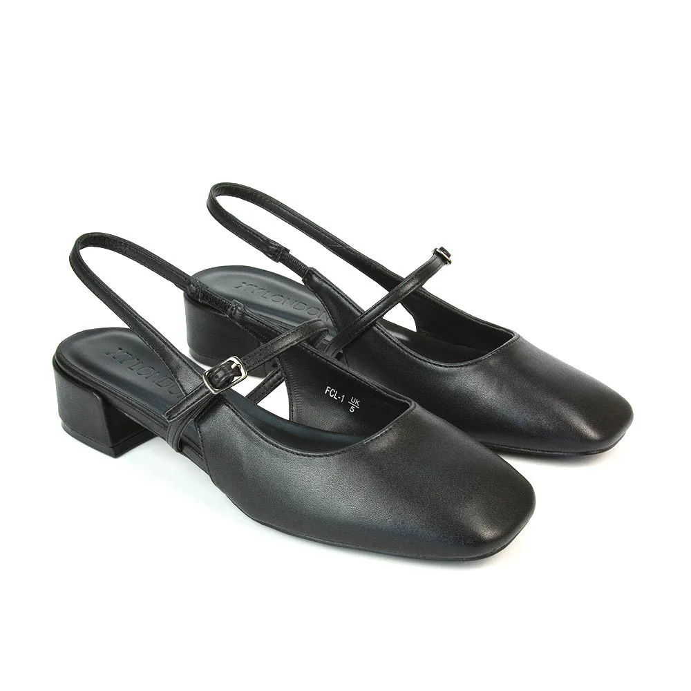 Marie Low Block Heel Square Toe Closed Toe Slingback Shoes in Black Synthetic Leather