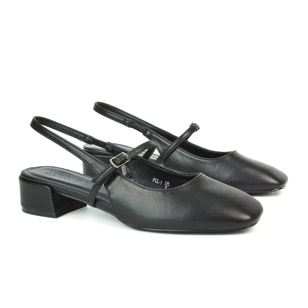 Marie Low Block Heel Square Toe Closed Toe Slingback Shoes in Black Synthetic Leather