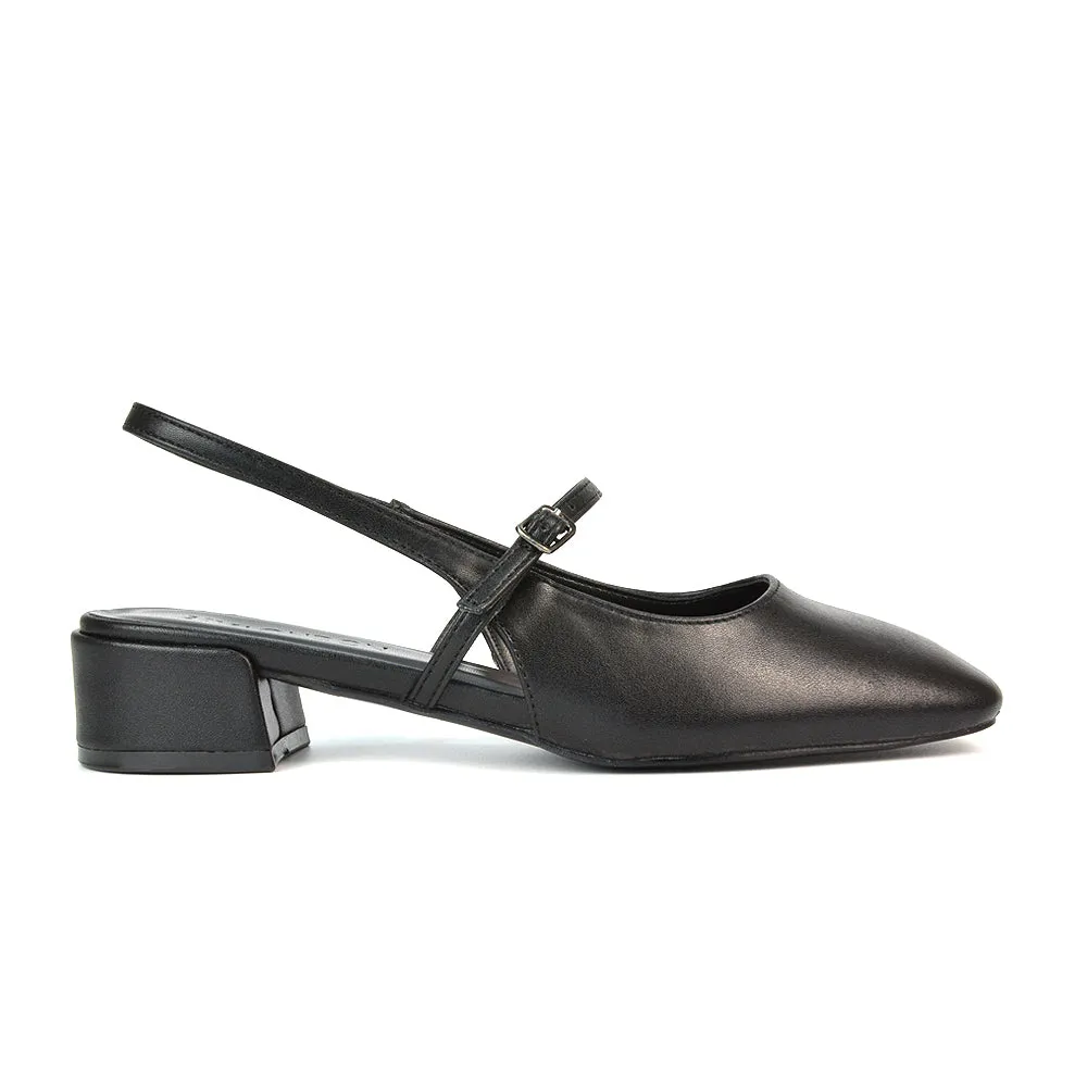 Marie Low Block Heel Square Toe Closed Toe Slingback Shoes in Black Synthetic Leather