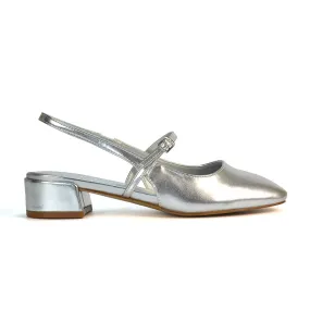 Marie Low Block Heel Square Toe Closed Toe Slingback Shoes in Silver Metallic