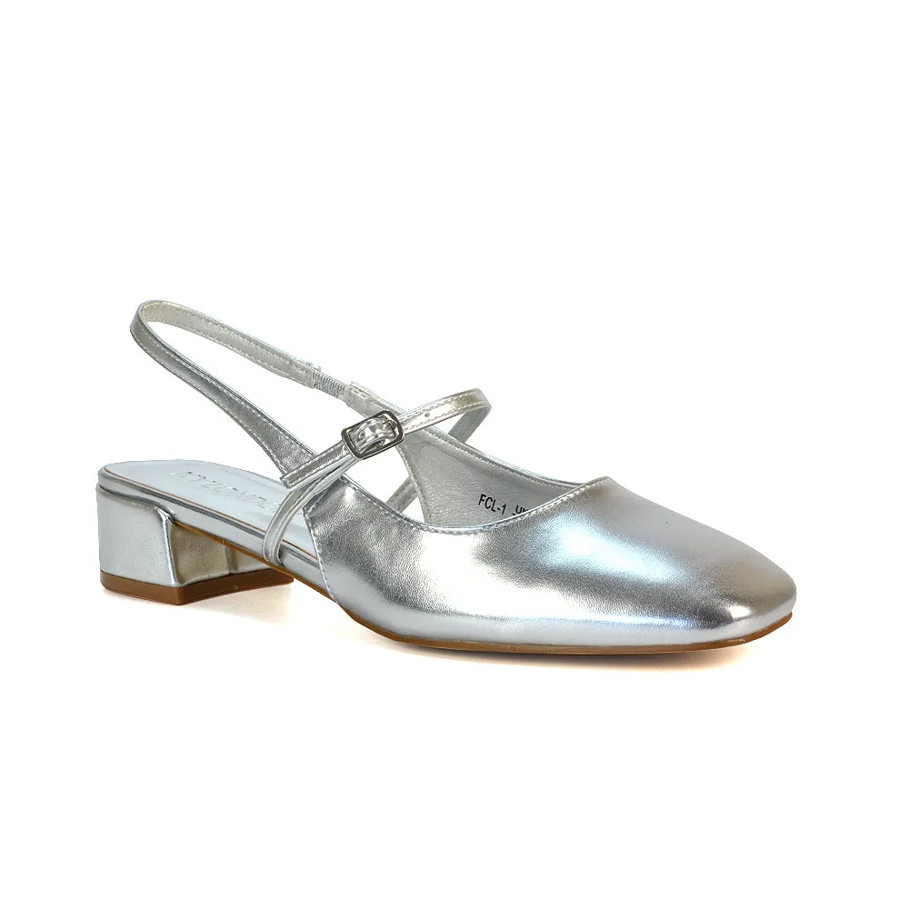 Marie Low Block Heel Square Toe Closed Toe Slingback Shoes in Silver Metallic