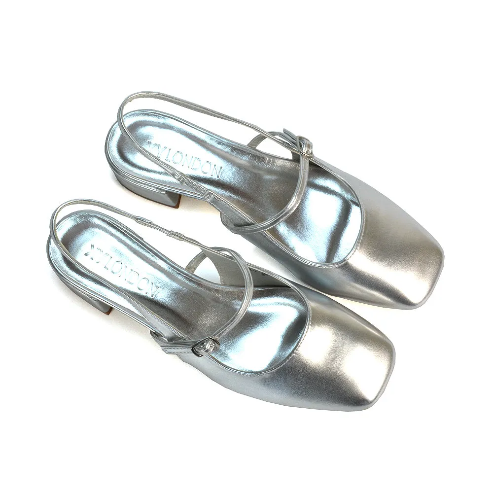 Marie Low Block Heel Square Toe Closed Toe Slingback Shoes in Silver Metallic