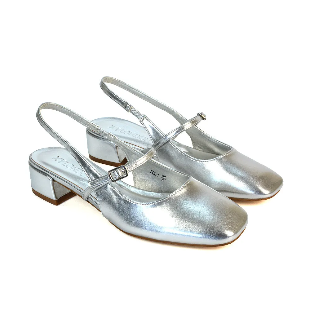 Marie Low Block Heel Square Toe Closed Toe Slingback Shoes in Silver Metallic