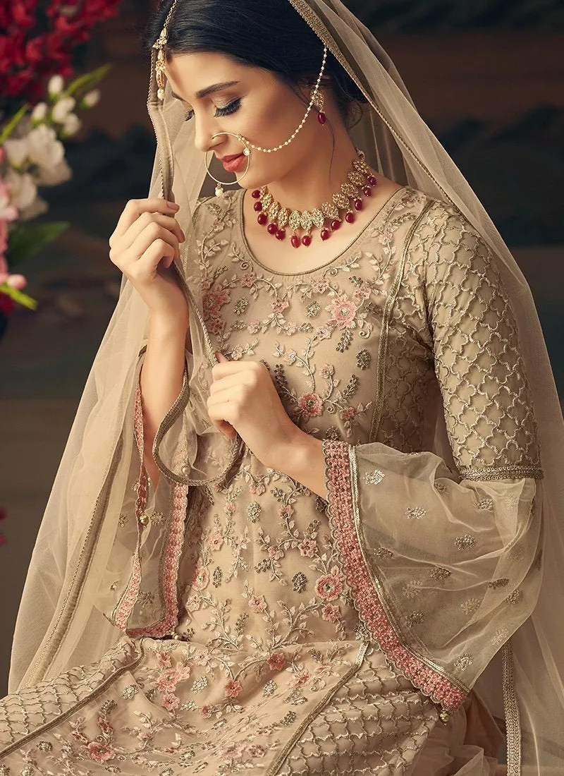 Peach Overall With Multi Embroidery Flared Sharara Suit