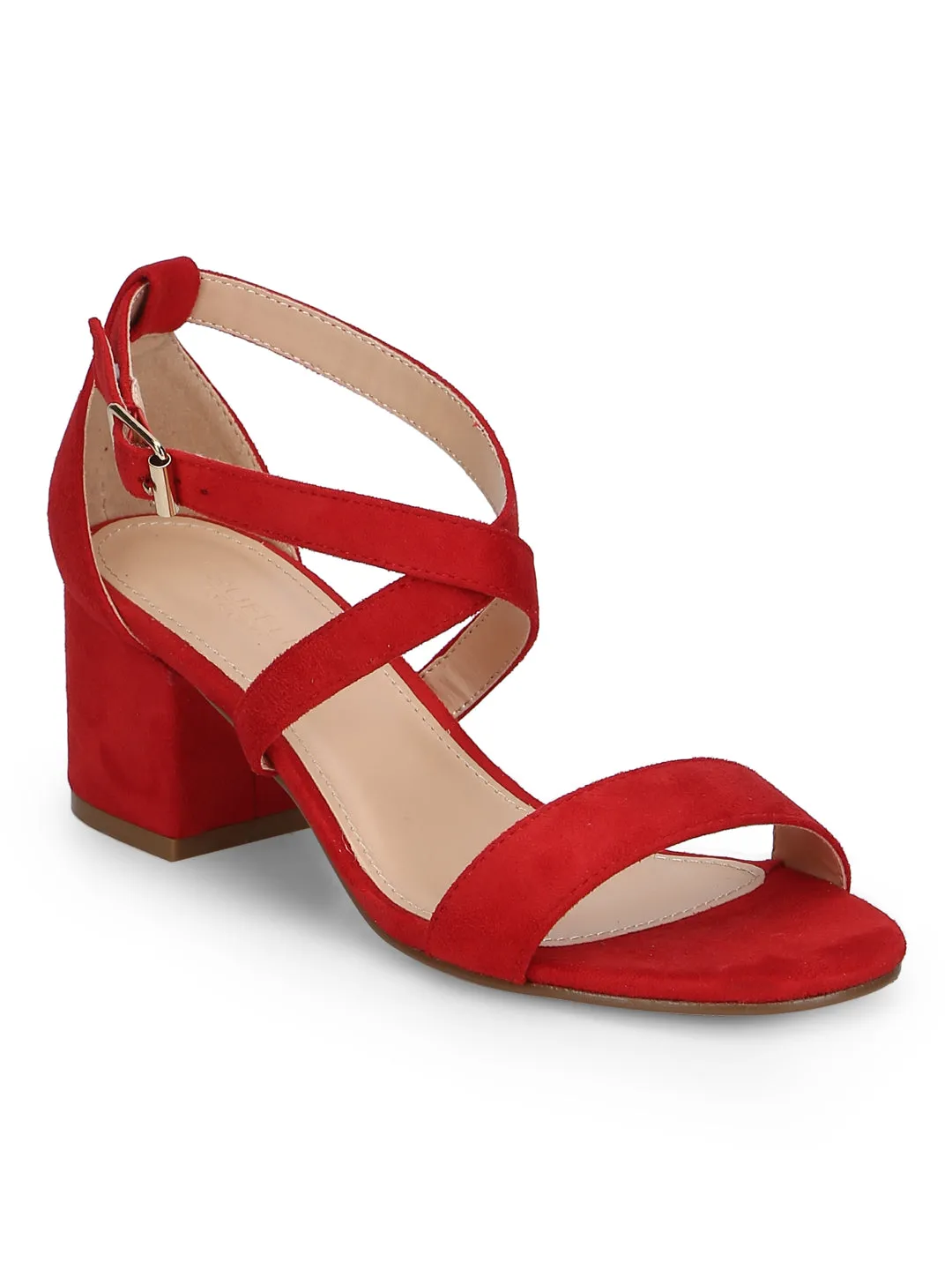 Red Micro Crossover Strap Low Block Heels