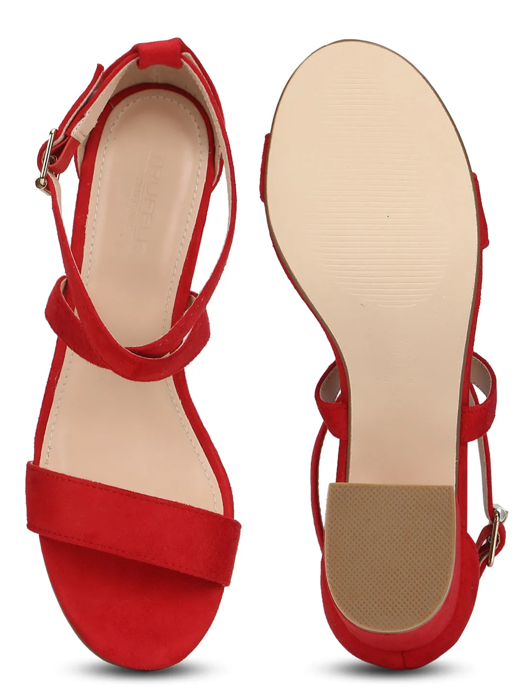 Red Micro Crossover Strap Low Block Heels