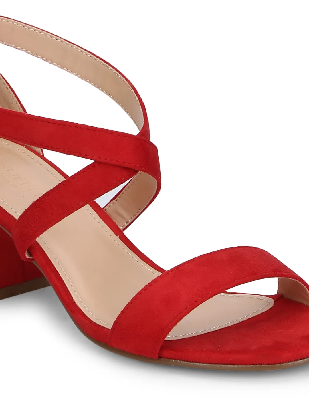 Red Micro Crossover Strap Low Block Heels