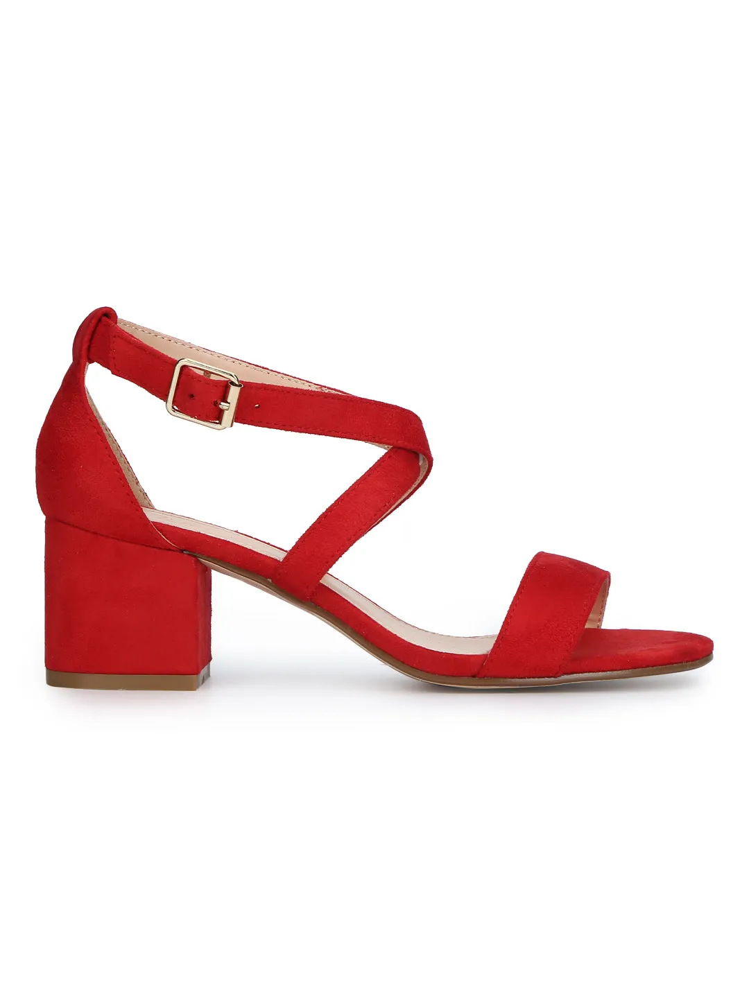 Red Micro Crossover Strap Low Block Heels