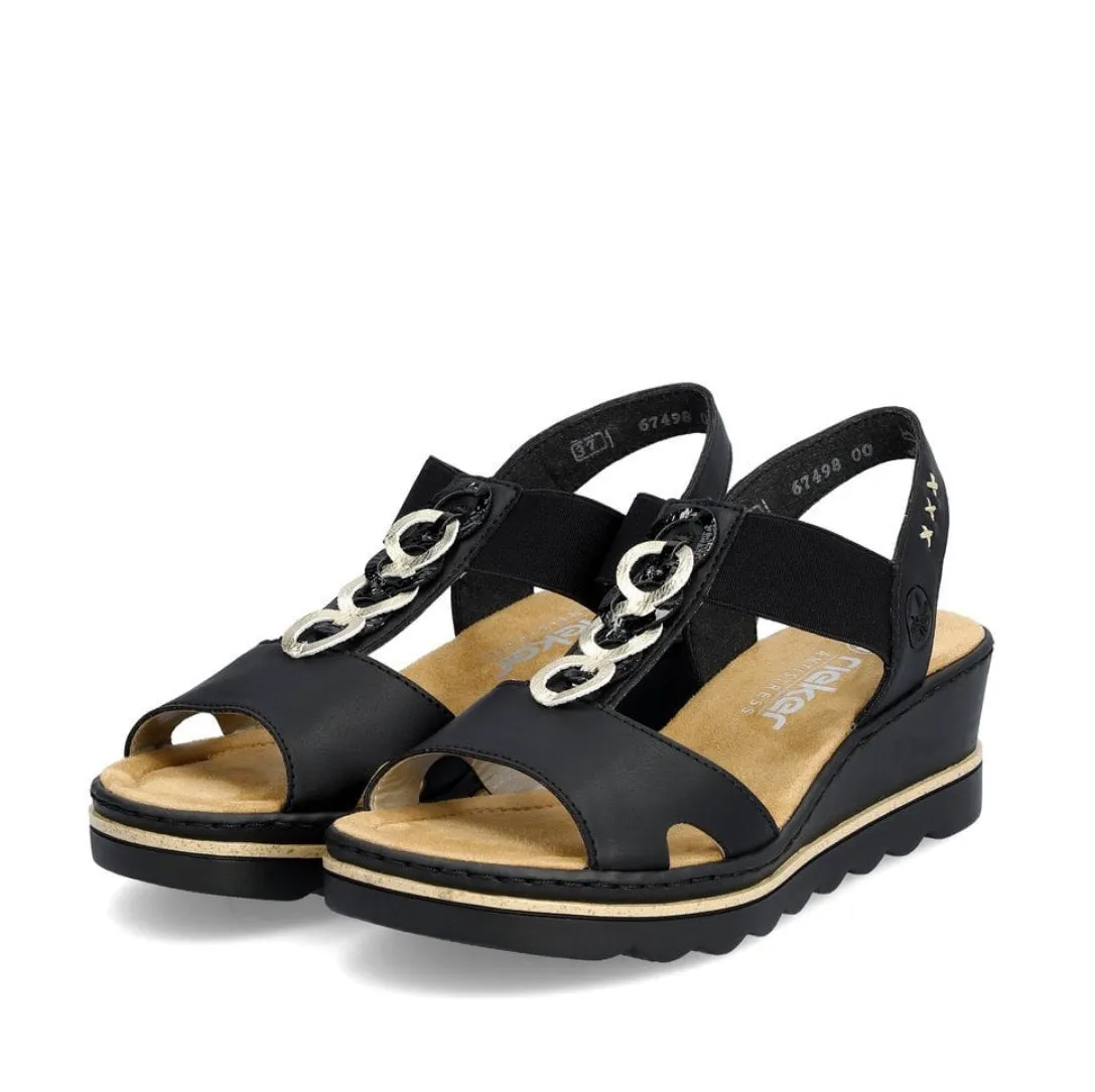 Rieker 67498-00 Luzern Black And Light Gold Elasticated Low Wedge Sandals