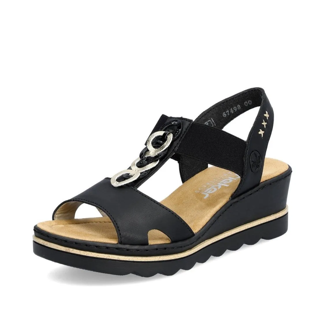 Rieker 67498-00 Luzern Black And Light Gold Elasticated Low Wedge Sandals