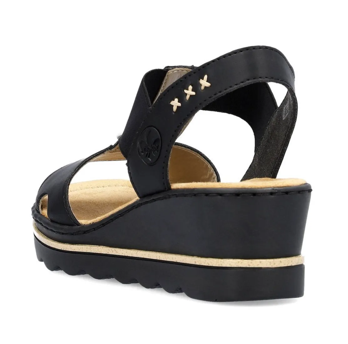 Rieker 67498-00 Luzern Black And Light Gold Elasticated Low Wedge Sandals