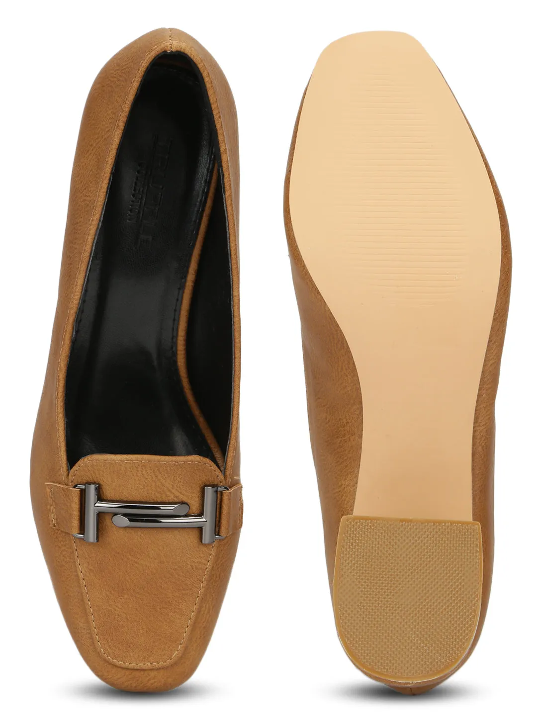 Tan PU Loafer Style Low Block Heels