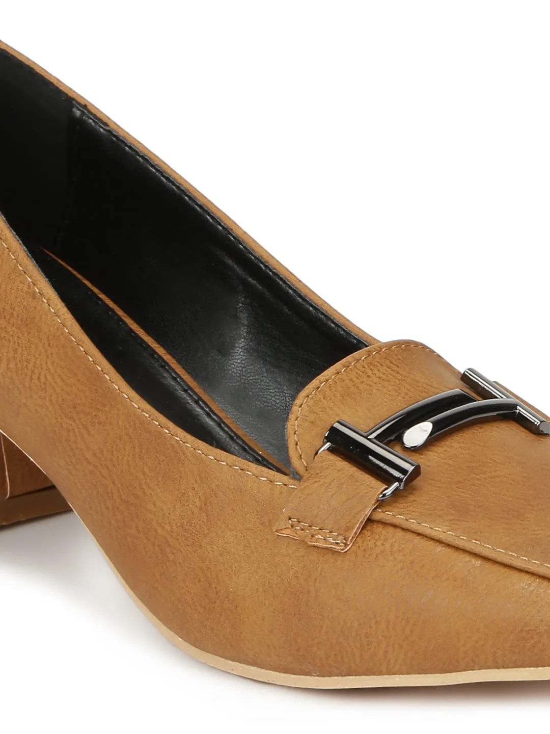 Tan PU Loafer Style Low Block Heels