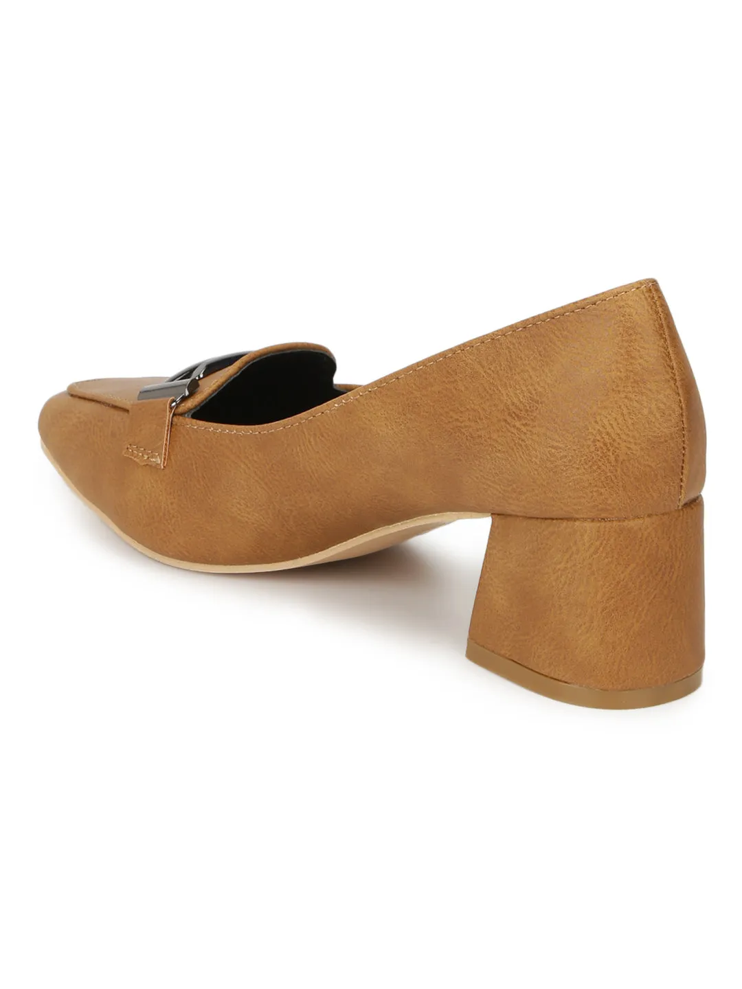 Tan PU Loafer Style Low Block Heels