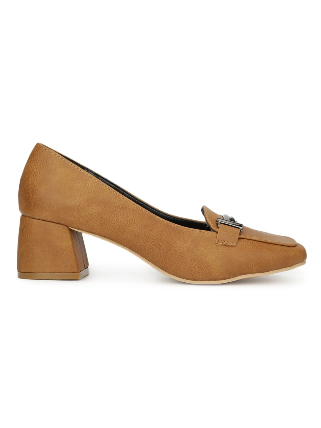 Tan PU Loafer Style Low Block Heels