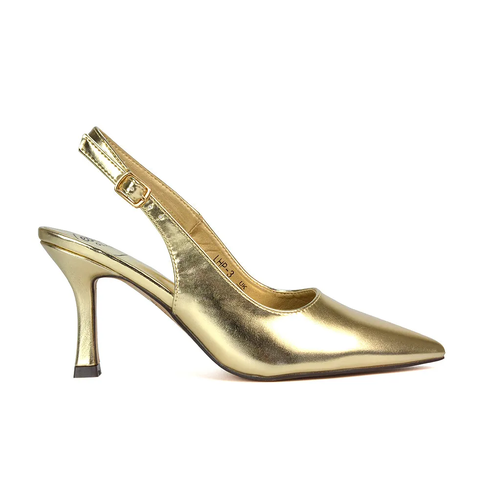 Valerie Stiletto High Heel Closed Toe Slingback Court Shoes in Gold Metallic