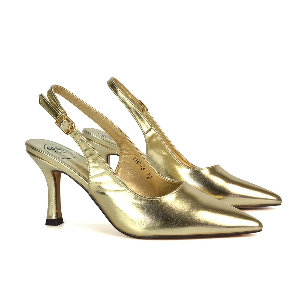 Valerie Stiletto High Heel Closed Toe Slingback Court Shoes in Gold Metallic